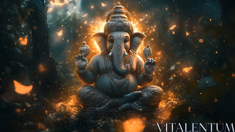 Luminous Ganesh idol radiates mystical light in enchanted forest