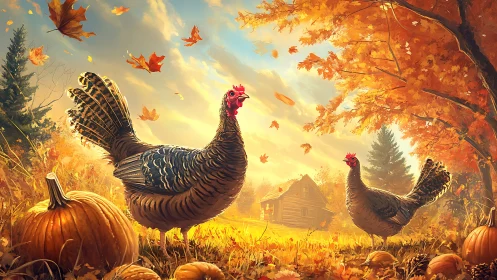 Autumn turkeys in backlit field with pumpkins and rustic cabin