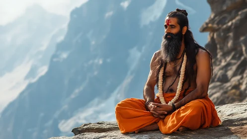 Mountain sage meditates on cliff ledge above misty valley