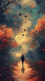 Autumnal reflected path with silhouetted figure and avian flux.