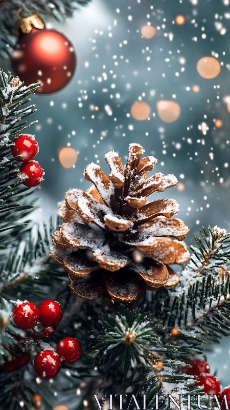 Snow-kissed pinecone nestles among festive holiday branches