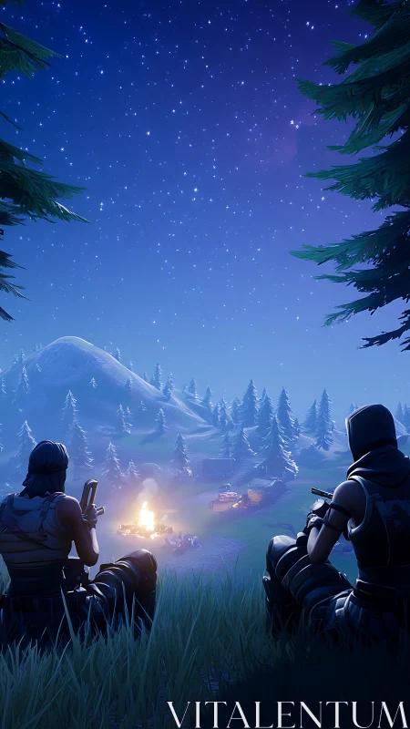 Two armed characters overlook campfire under starry sky.
