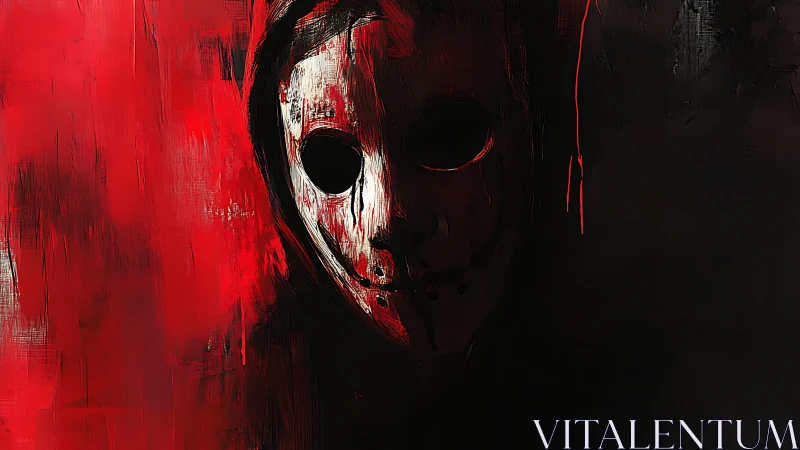 Hooded white mask emerges from red and black darkness