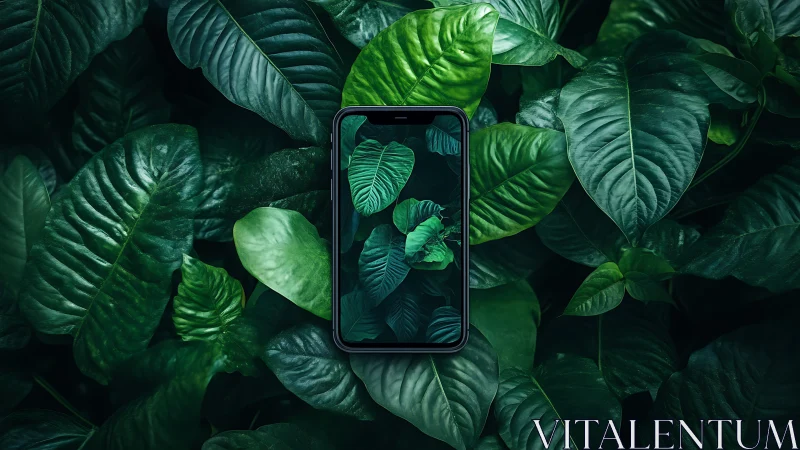 Smartphone window blooms inside lush emerald jungle leaves.