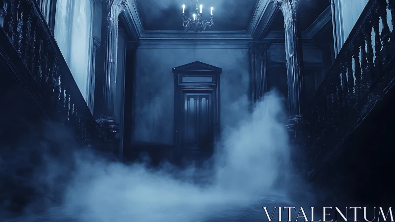 Dim corridor with central door framed by twin staircases.