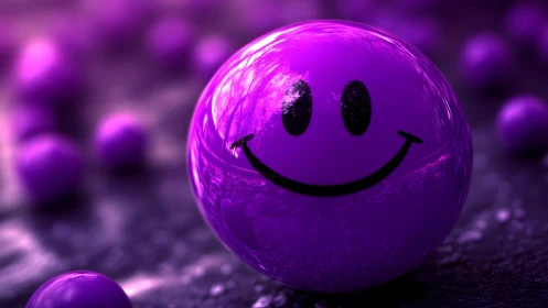 Purple reflective smiley sphere rests among blurred spheres