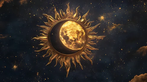 Golden sun and moon embrace in a softly glowing sky.