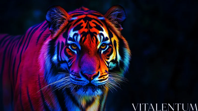 Neon tiger portrait glows against deep midnight shadows.