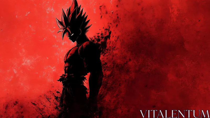 Silhouetted spiky haired fighter on textured red field.
