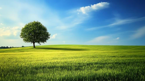 Solitary tree anchors luminous wheat field under clear sky