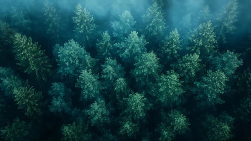 Misty Pine Forest Aerial View with Blue-Green Tones, Tranquil Mood.