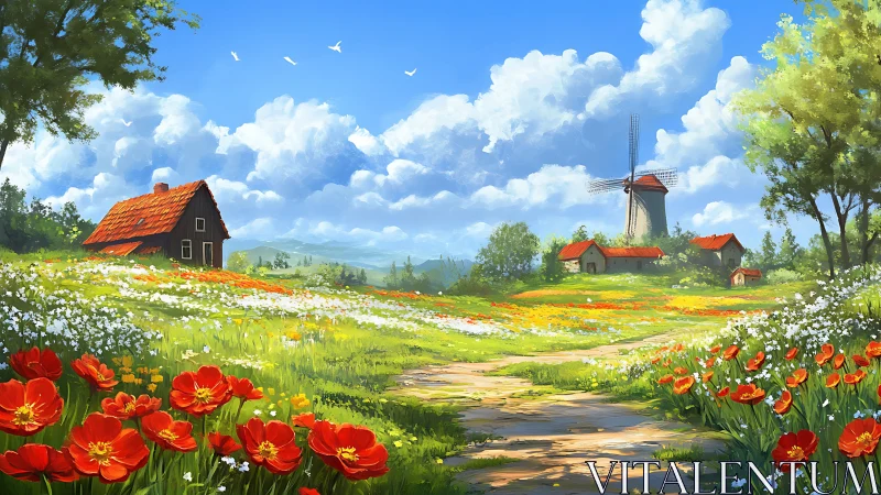 Sunlit country meadow unfolds toward distant windmill scene.