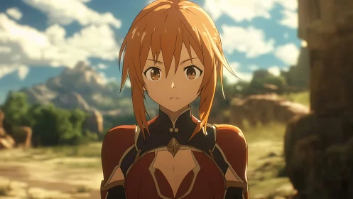 Armored anime character in outdoor landscape scene.