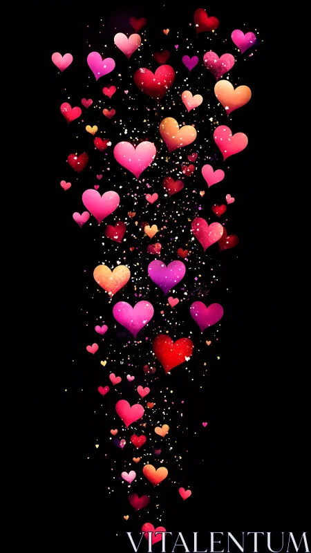 Luminous heart particle stream composition on black background.