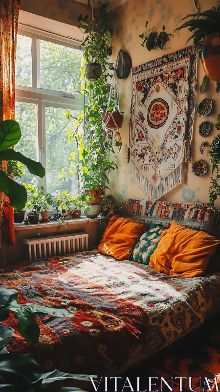 Boho bedroom interior with plants and sunlit tapestry wall.