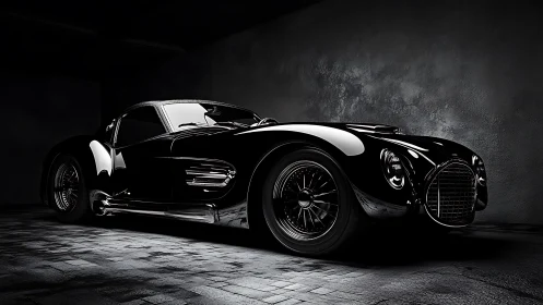 Sleek black sports car glows in dramatic monochrome lighting