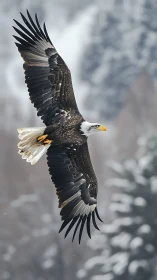 Bald eagle in full flight over a snowy forest landscape.