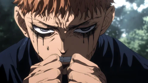 Intense anime fighter clenching fists in shadowed forest