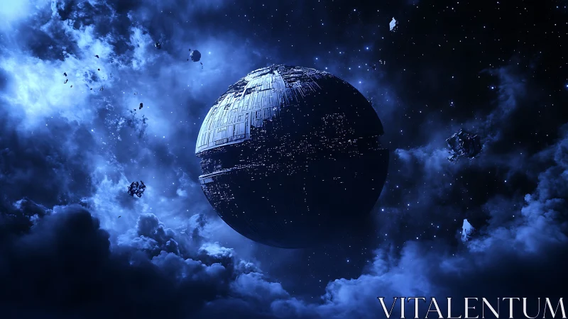 Massive dark mechanical sphere hangs in deep blue space.