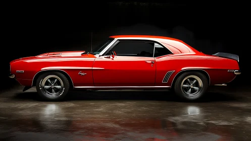 Photorealistic side-profile study of red classic muscle car.