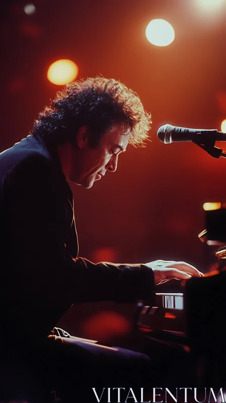 Warm stage lights frame a focused pianist lost in music