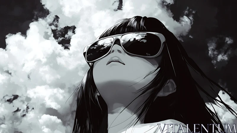 Monochrome portrait of girl in sunglasses against clouds.