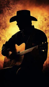 Cowboy guitarist silhouette against blazing sunset backdrop.