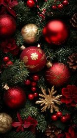 Glowing red ornaments rest in a lush Christmas wreath