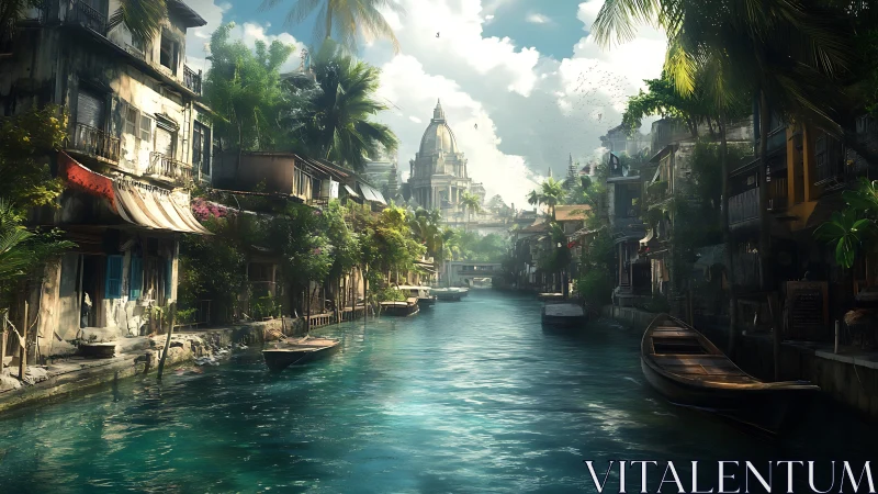 Sunlit canal quarter drifting toward a distant domed citadel.