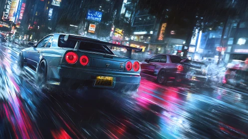 Midnight street racers chase neon reflections through city rain