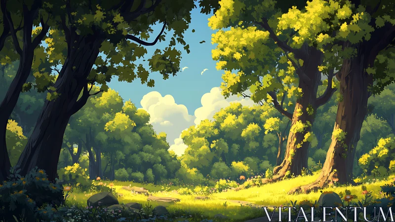 Sunlit Forest Clearing with Towering Trees and Radiant Sky