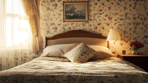 Sunlit floral bedroom sanctuary steeped in nostalgic warmth.