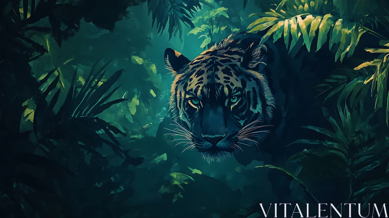 Tiger emerging from dense jungle foliage at night.