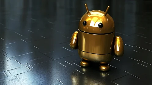 Gold chrome android mascot on reflective tech floor render.