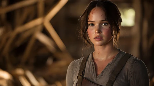 Young woman stands in rustic interior with dirt on face