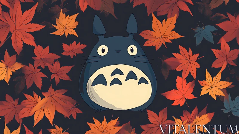 Cartoon forest spirit framed by bold autumn maple leaves.