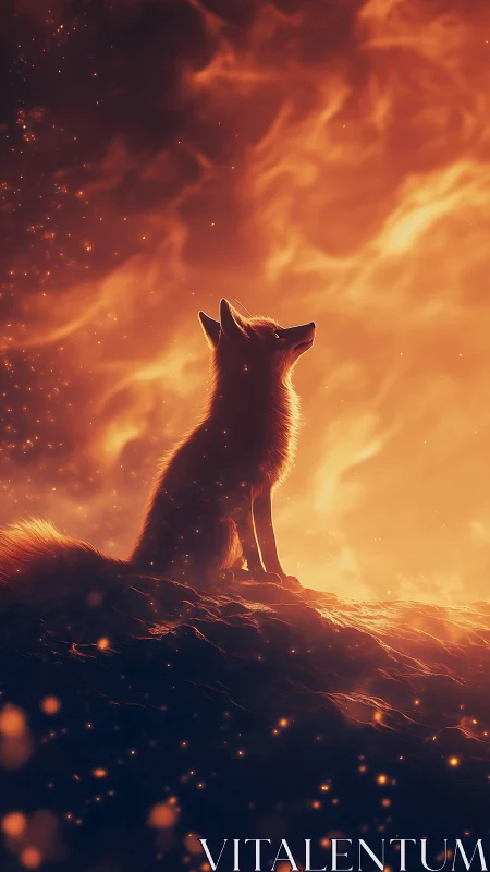 Backlit fox silhouette against ember lit atmospheric sky