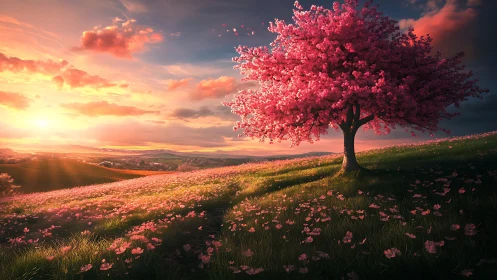 Sunset kiss over a blooming pink tree on gentle hills.