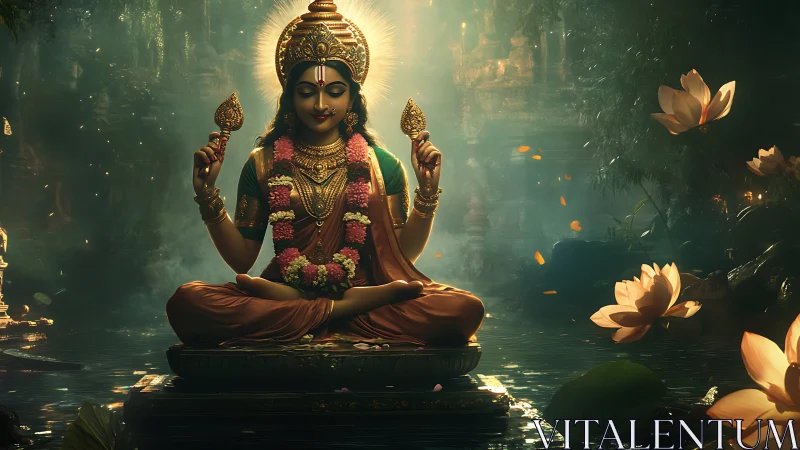 Golden goddess rests in lotus serenity over quiet water