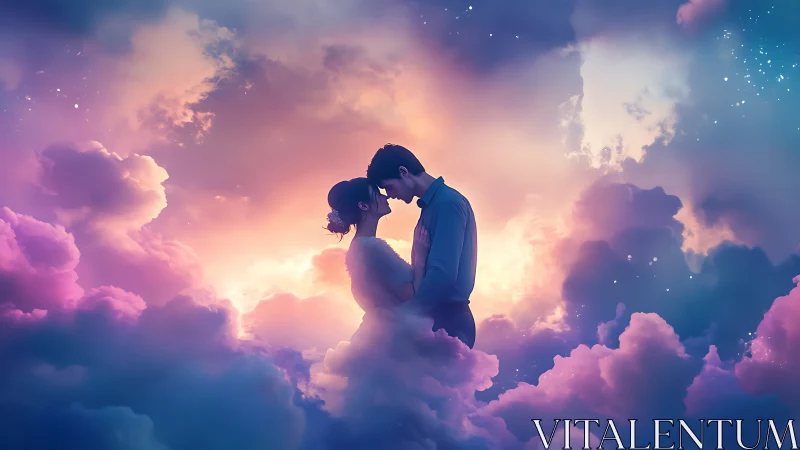 Couple kissing among luminous clouds at sunset