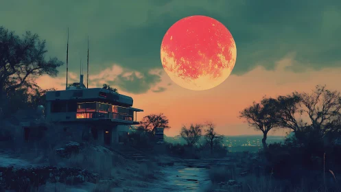 Scarlet moon hangs over futuristic desert outpost at dusk.