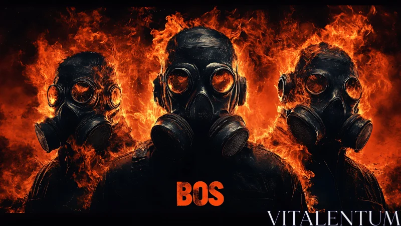 Triptych of gas-masked figures engulfed in cinematic flames.