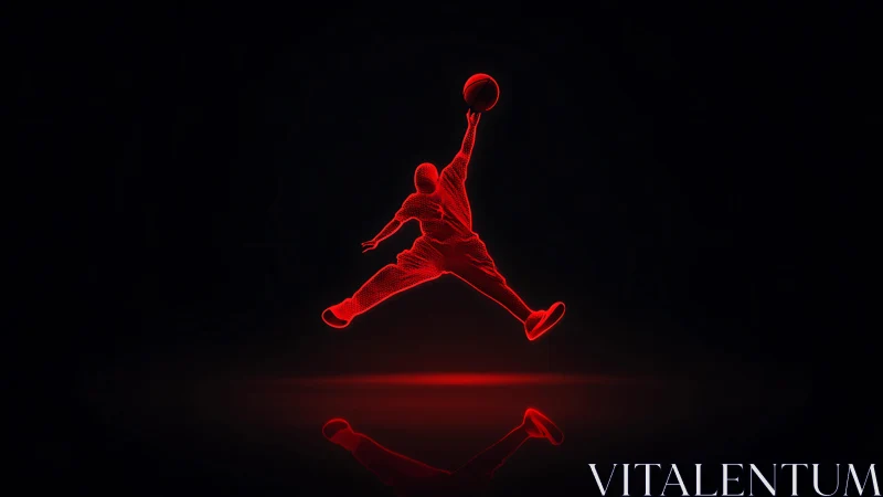 Glowing red basketball dunk silhouette leaps in bold motion