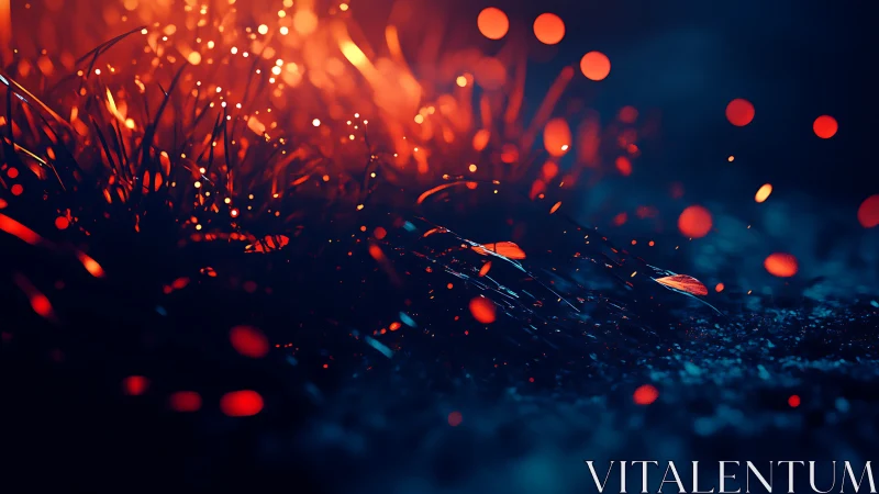 Fire sparks scatter across dark ground at night with blue ambient light