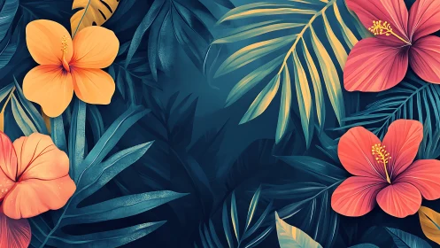 Tropical Hibiscus Flowers Among Layered Palm Fronds