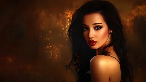 Golden light wraps a poised woman in rich warm tones