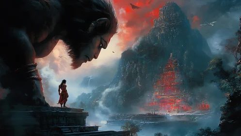 Colossal simian guardian observes red-lit stepped temple complex