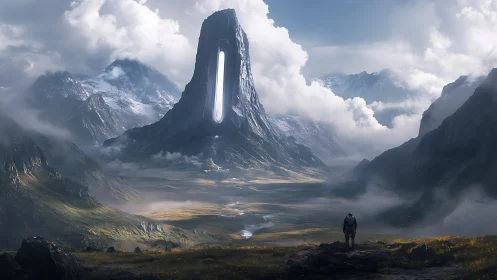 Monolithic alien spire dominates a mist-laden alpine valley