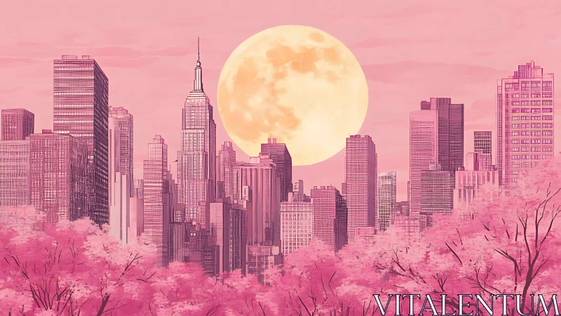 Moonlit pink metropolis with layered skyline and dense cherry canopy