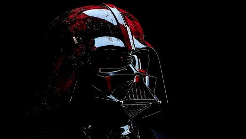 Dark sci‑fi helmet glows menacingly against deep black